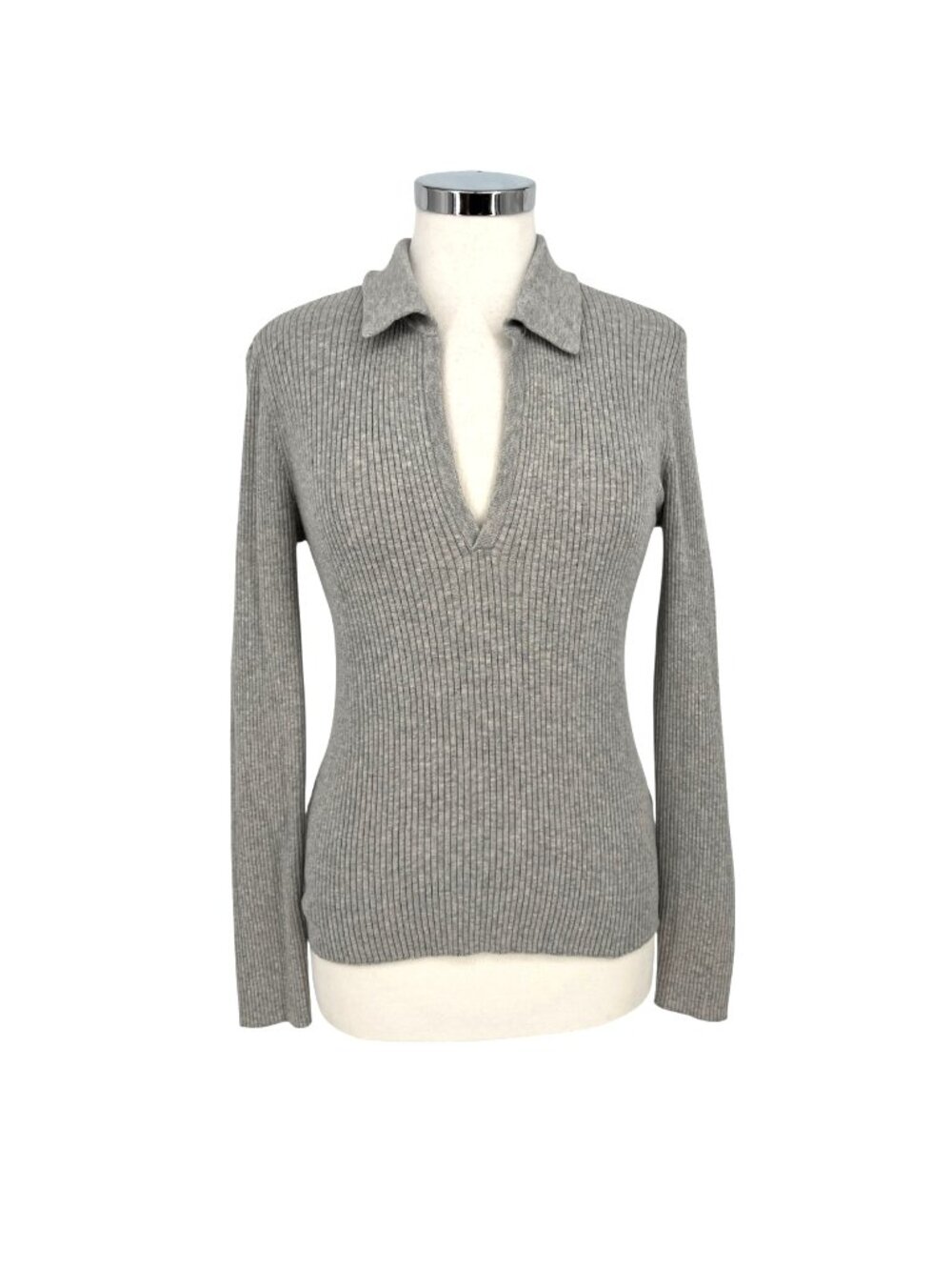 PAIGE Catarina Ribbed Collared Sweater Chromium Gray Size Large Quiet Luxury